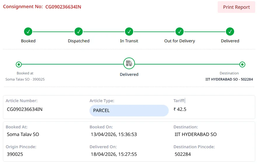India Post Tracking Result Window